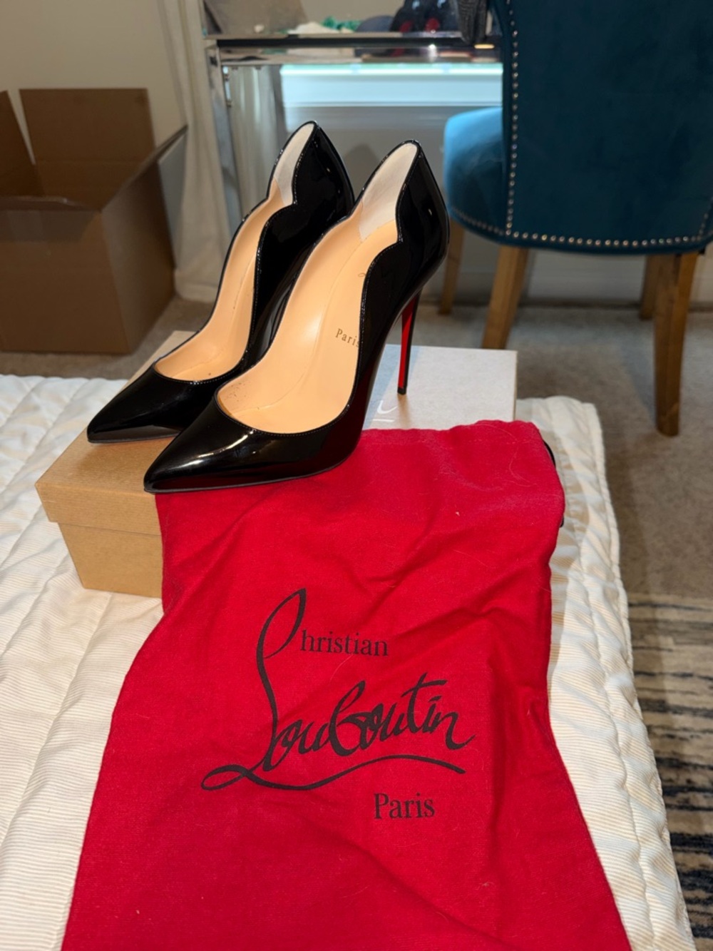 Christian Louboutin Black Patent Red Sole Scalloped Pointed Pumps